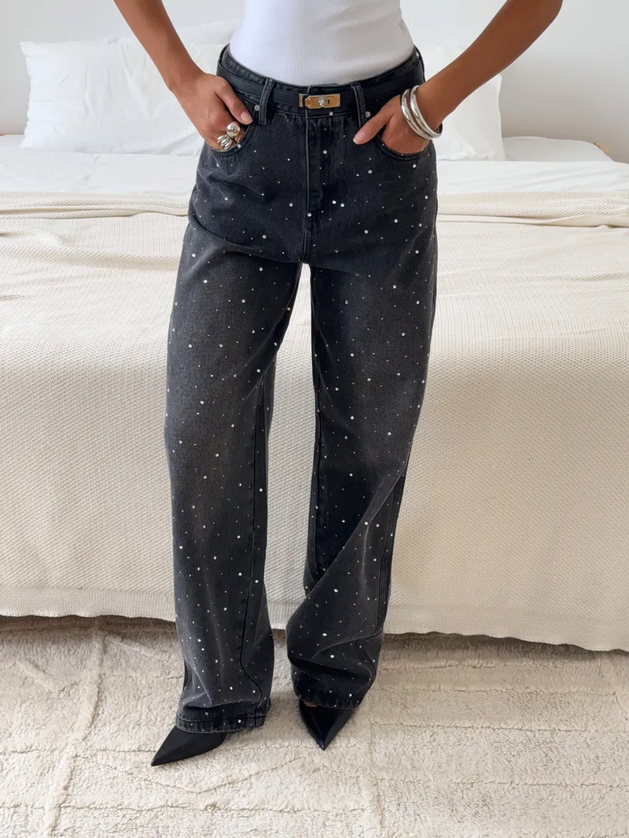 Джинсы прямые багги со стразами