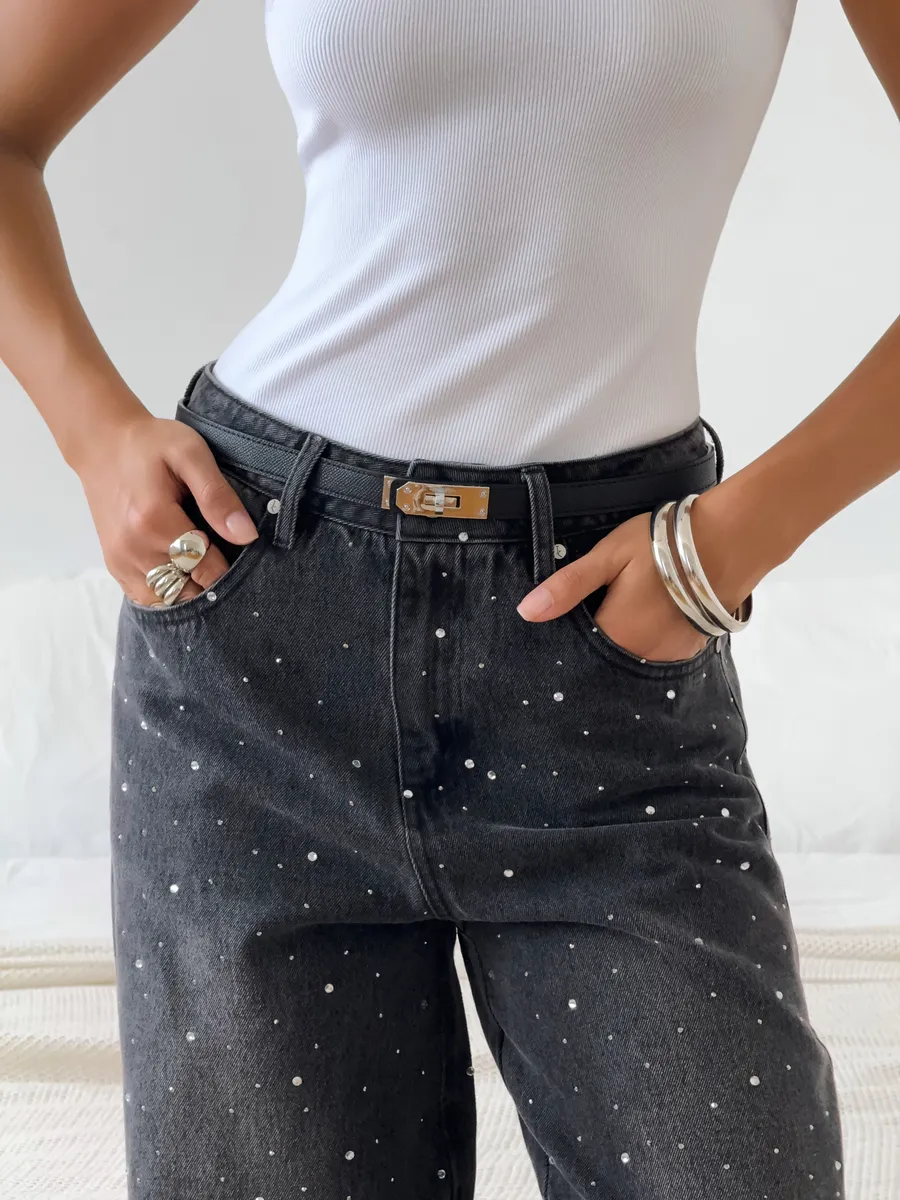 Джинсы прямые багги со стразами