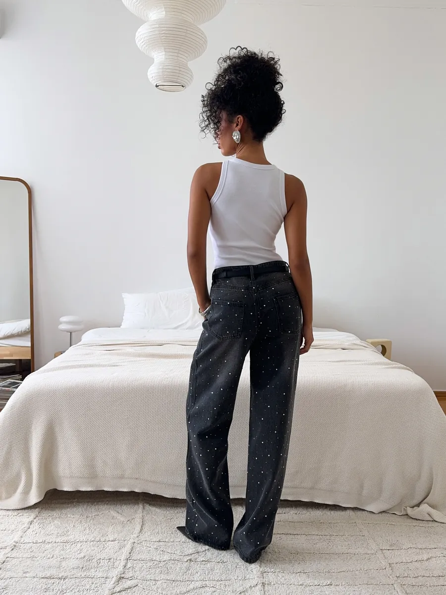 Джинсы прямые багги со стразами