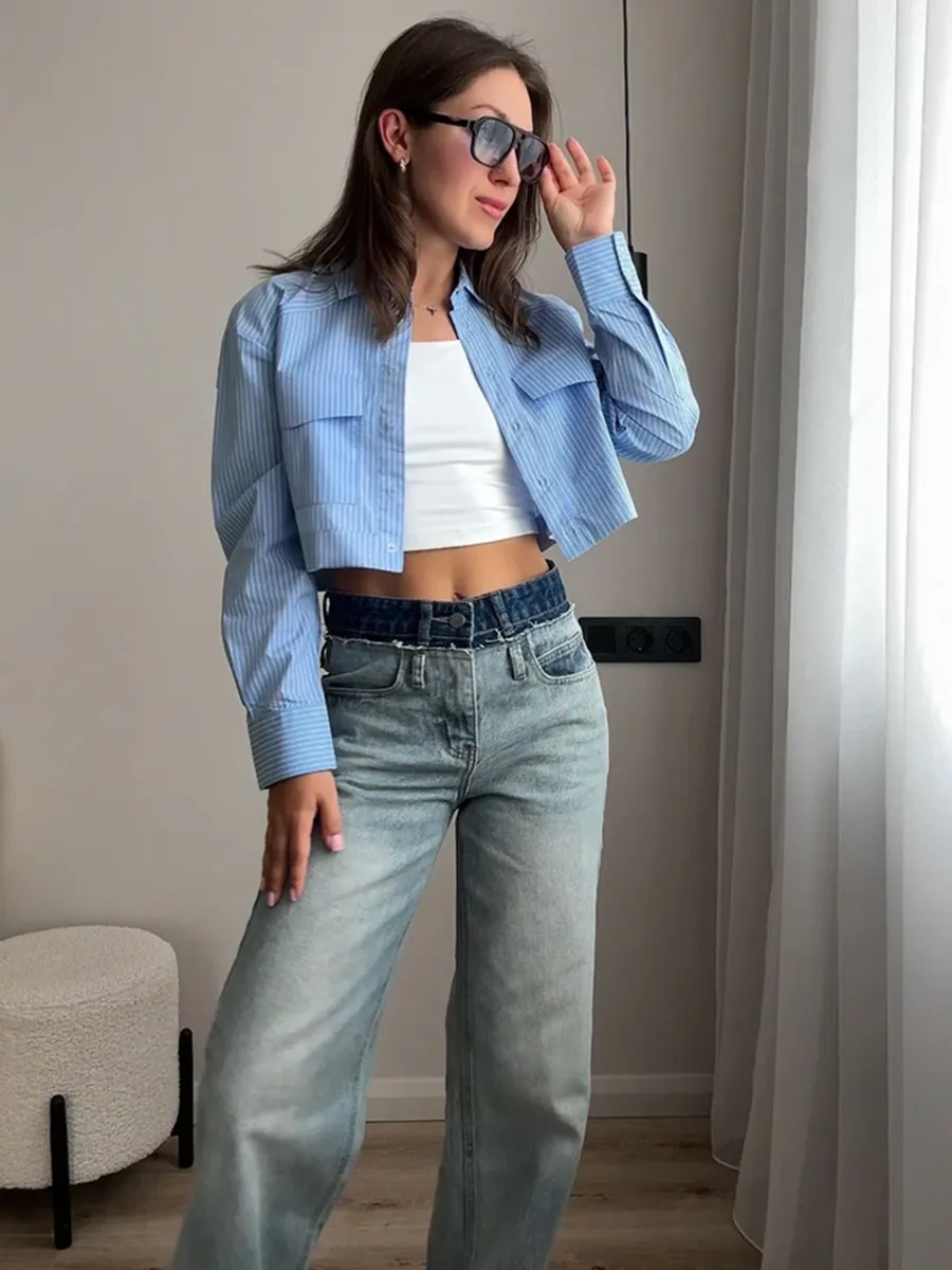 Рубашка укороченная оверсайз с длинным рукавом