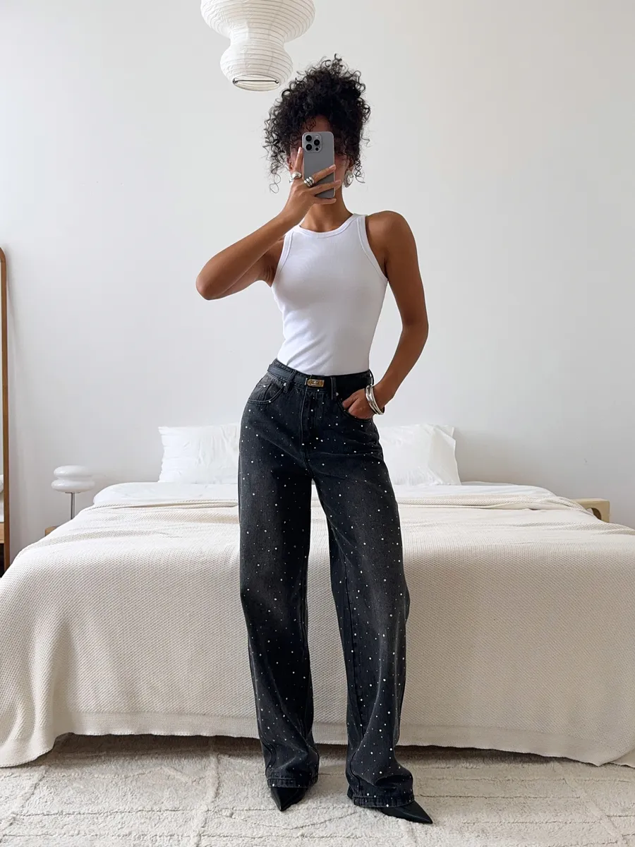 Джинсы прямые багги со стразами