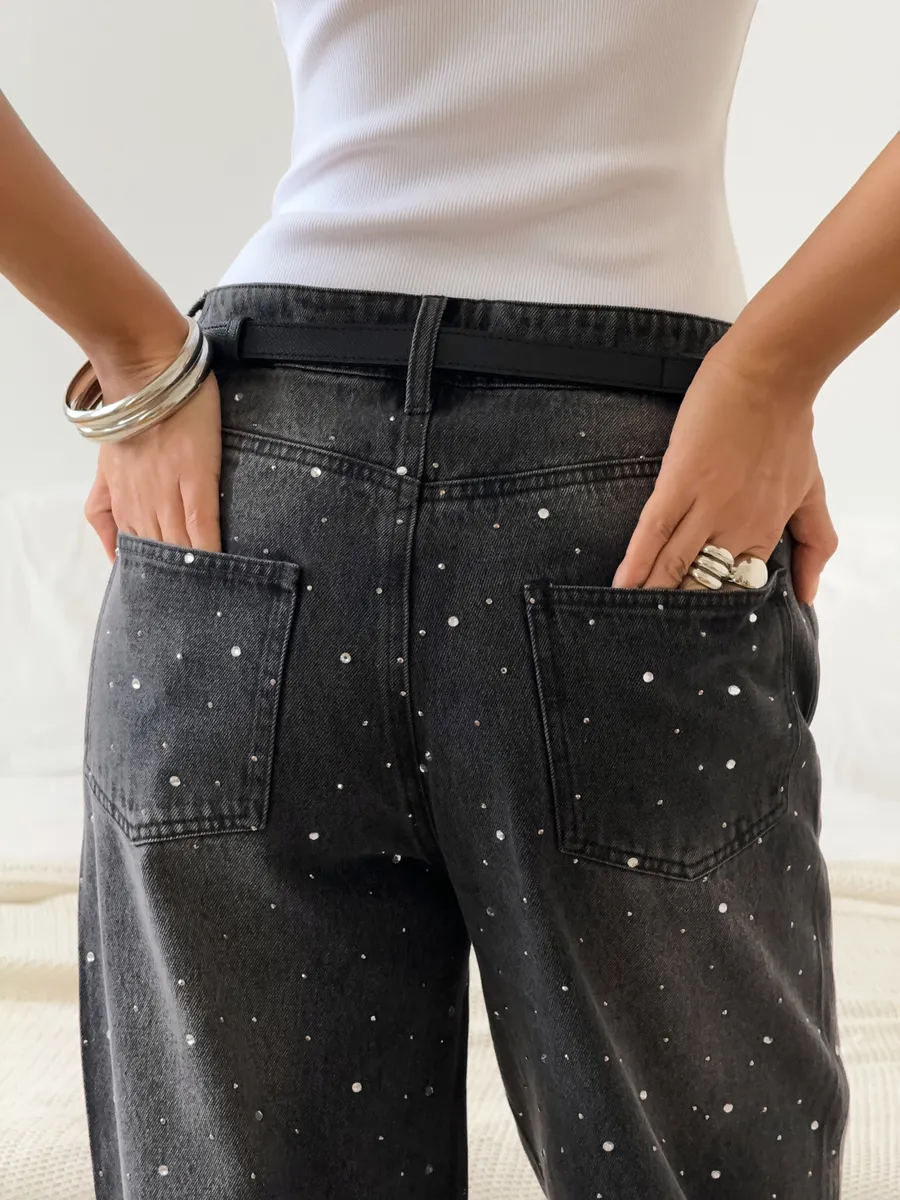 Джинсы прямые багги со стразами